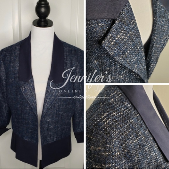 Adrianna Papell Rich Navy w/Metallic Silver Tweed Cropped Open Jacket - Picture 1 of 6